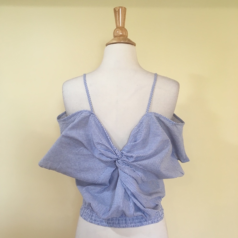 Twisted Knot Front Striped Off Shoulder Cropped Top - Picture 8 of 8